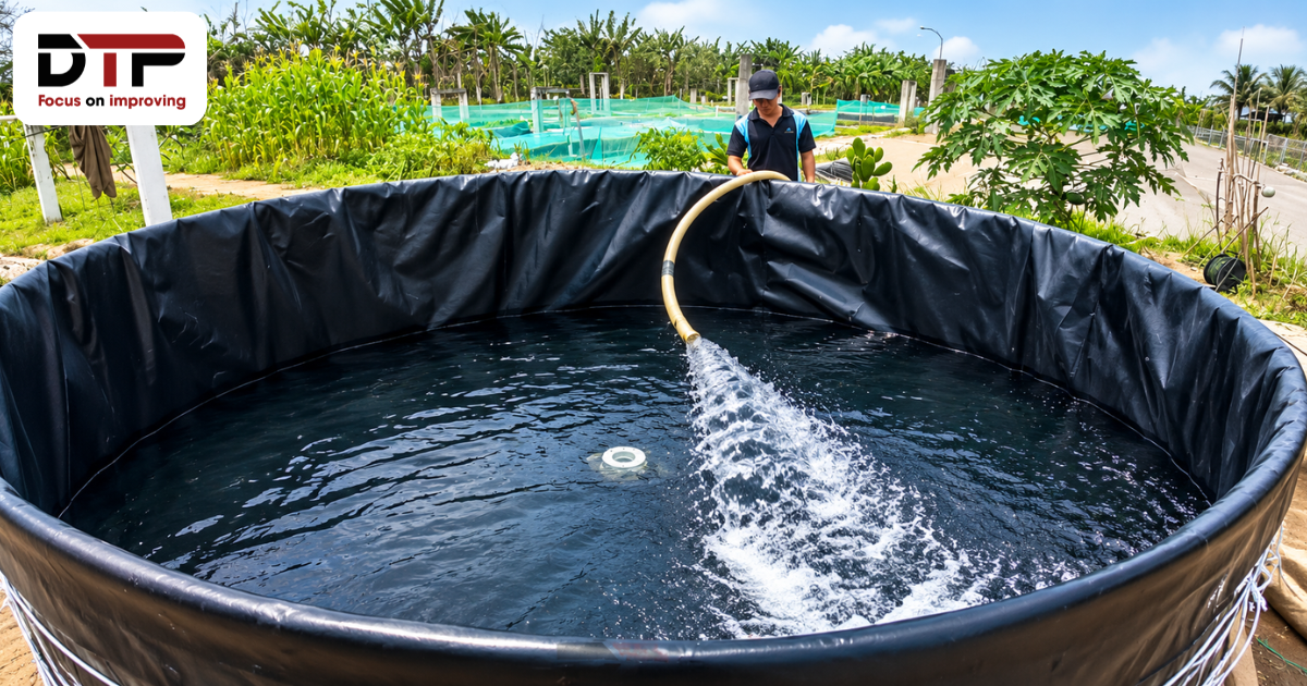 Cấu tạo bể bạt HDPE gồm bạt, khung, khoen và mặt bích thoát nước