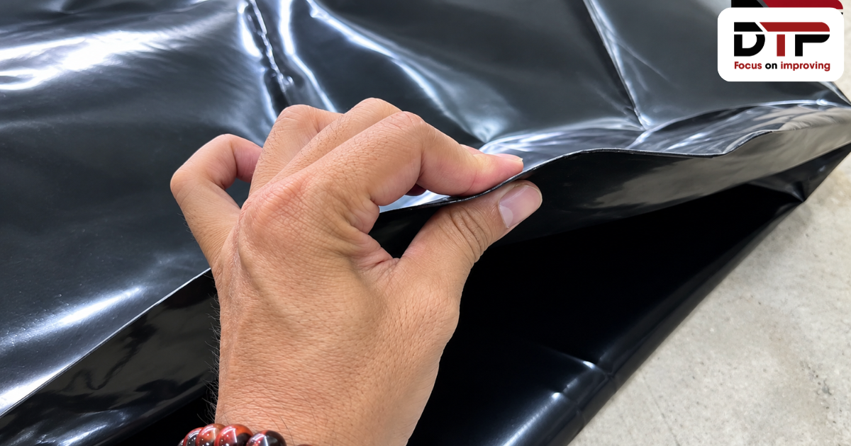 Góc bể bạt HDPE được cắt, hàn kín và ép góc bằng máy thủy lực tại xưởng DTP
