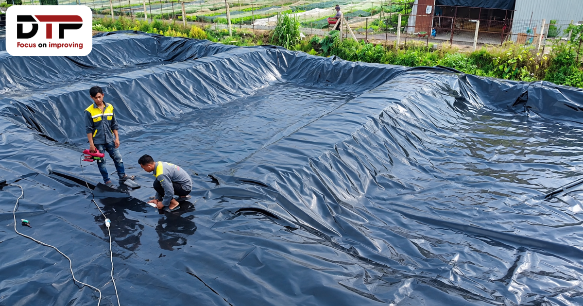 Kỹ thuật viên thực hiện đường hàn chống nước giữa các mảng bạt HDPE