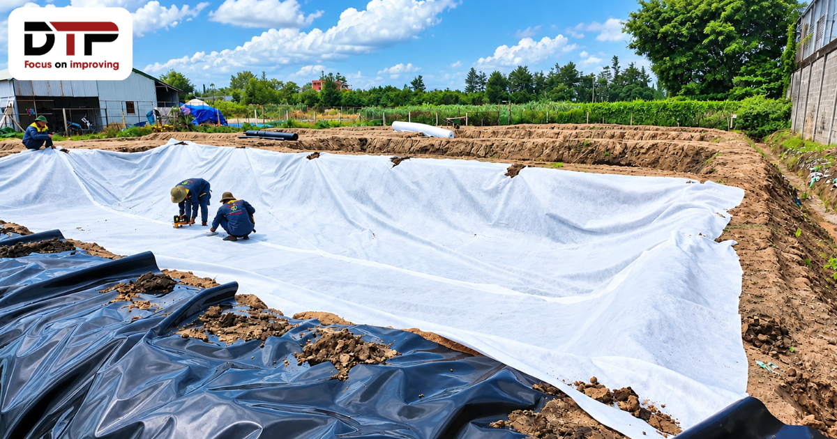 Lớp vải địa kỹ thuật được trải dưới bạt HDPE trước khi lót ao