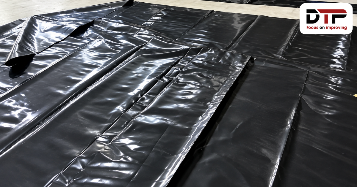 Tấm bạt HDPE được trải phẳng để đo và cắt theo kích thước bể cần làm
